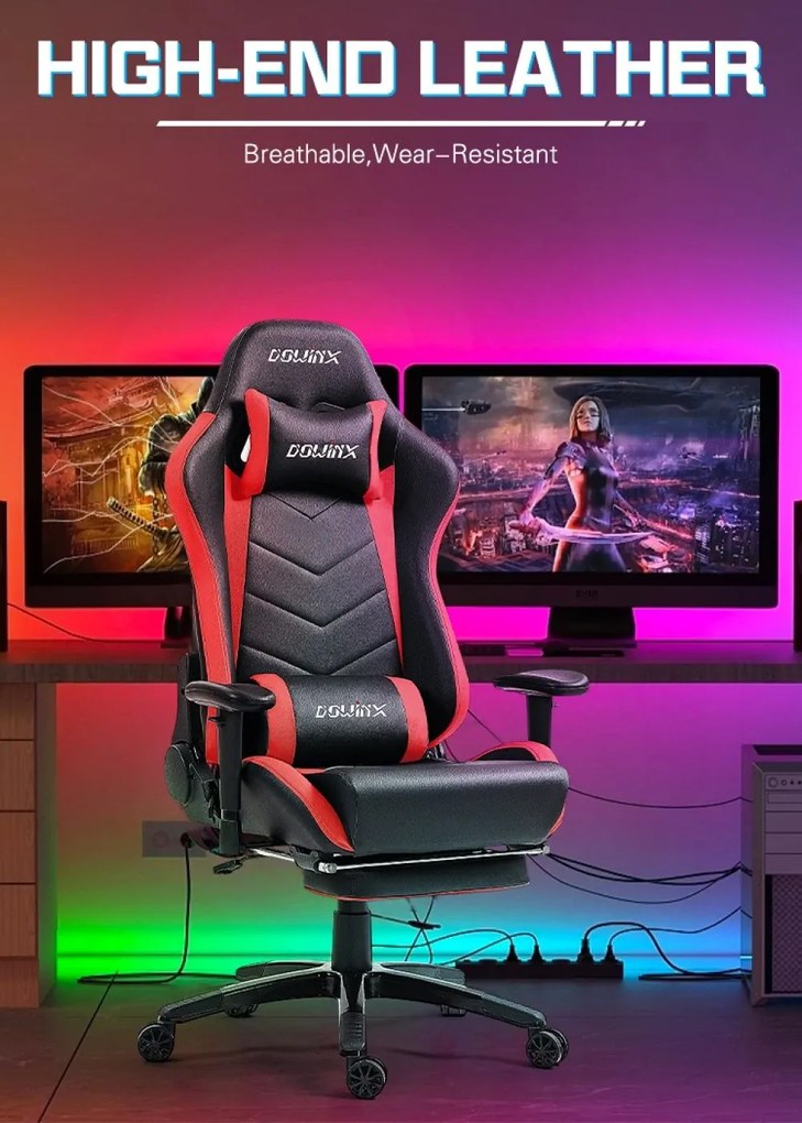 DOWINX Scaun gaming, ergonomic, suport lombar cu masaj, spătar rabatabil 90-180°, cotiere reglabile, suport pentru picioare, rezistent 150 kg, piele PU, Negru/Rosu