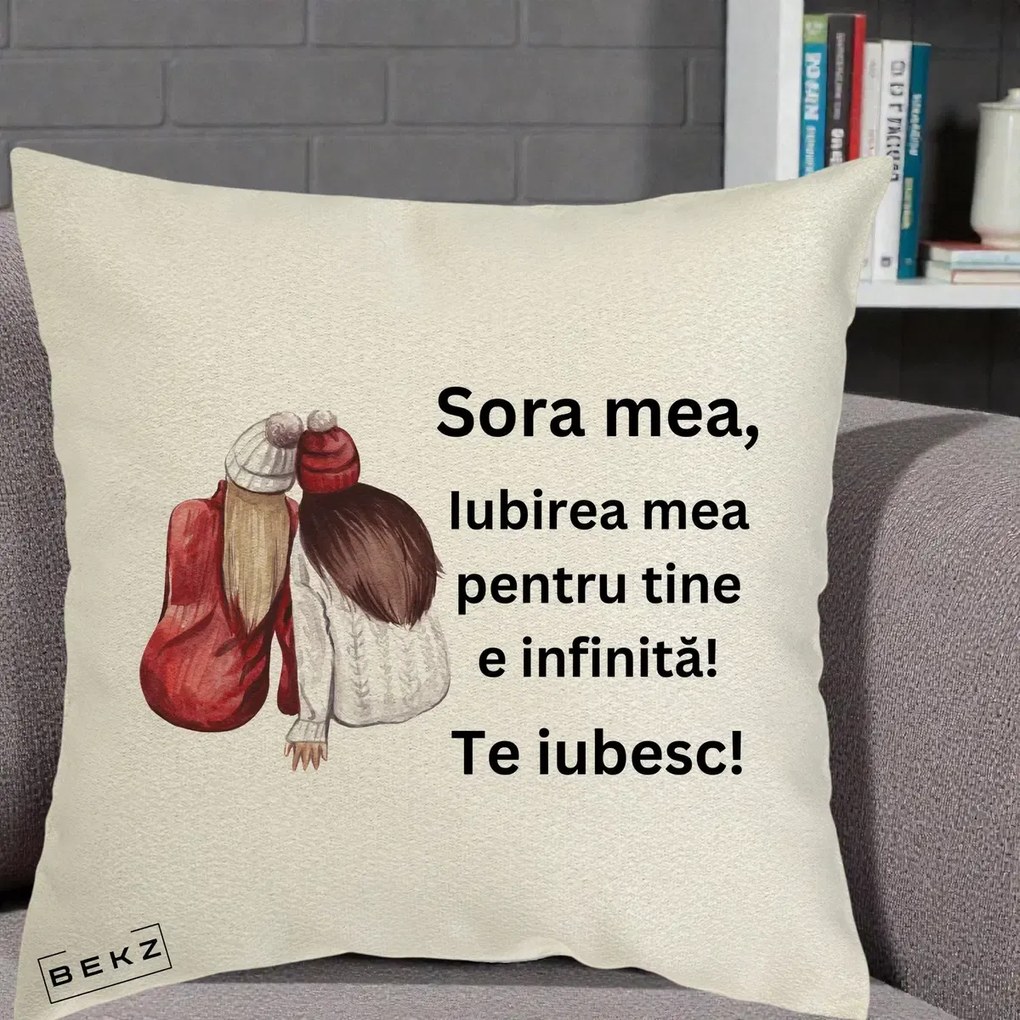 Cadou pentru Sora - Perna Personalizata Sora Mea Te Iubesc Doua Fete Iarna Acuarela, 40x40 cm, Ecru, Husa Detasabila, Perna Inclusa, BEKZ®