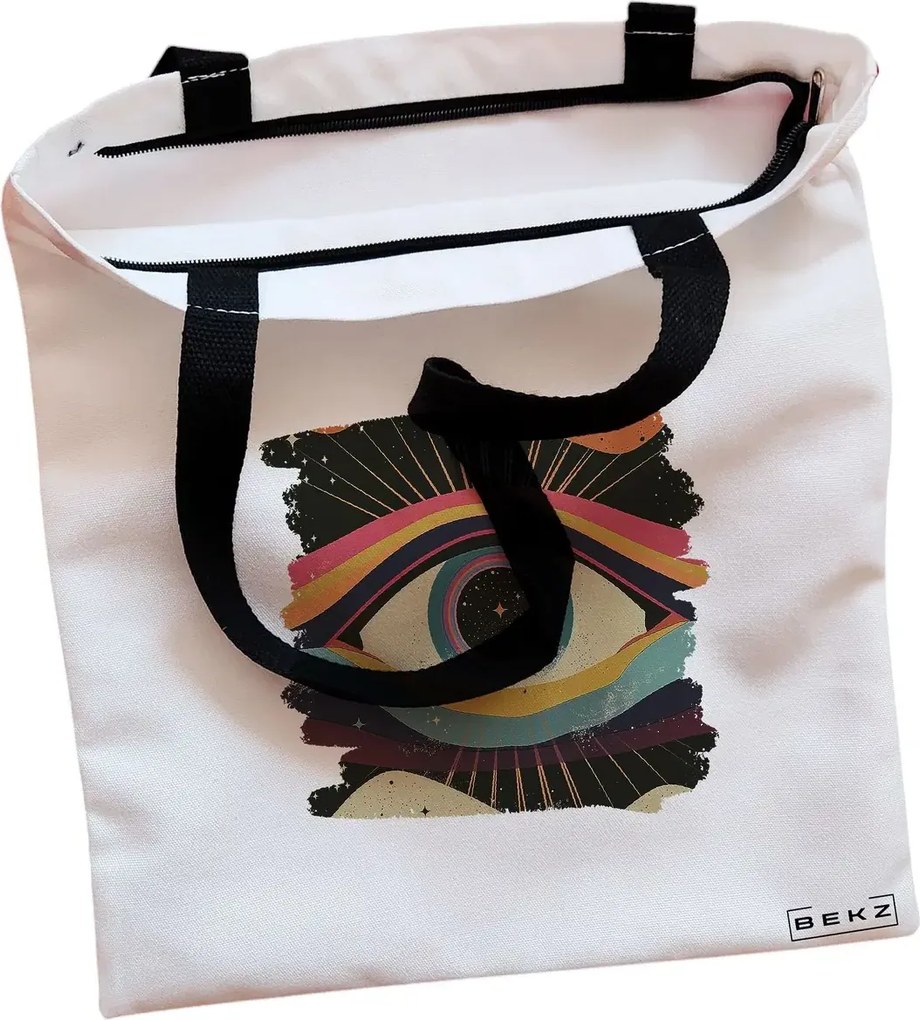 Sacosa de Panza pentru Cumparaturi, Geanta Tote, model Celestial Eye 6, Cu fermoar, 38x34.5 cm, Alba, BEKZ®