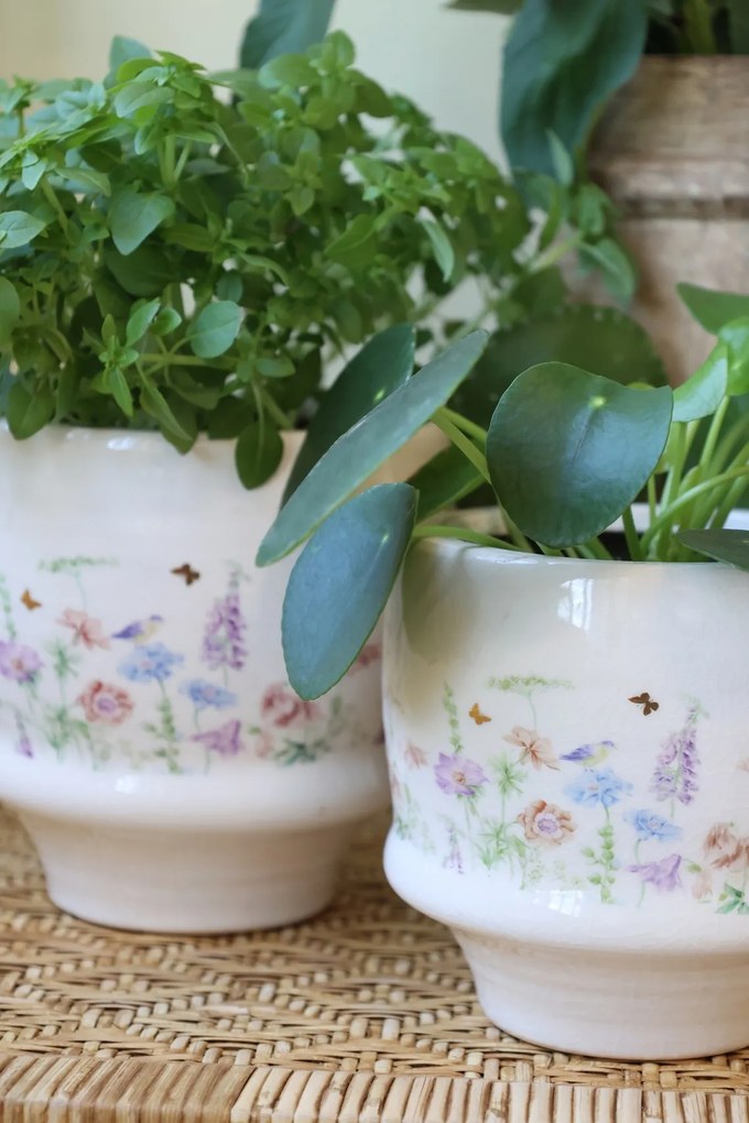 Ghiveci din ceramică crem cu model floral „Papillon”, H12.5/D13 cm