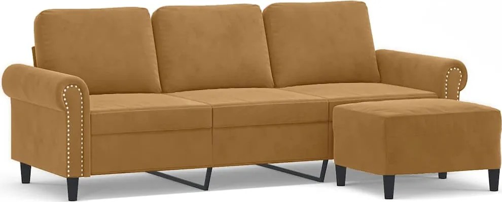 vidaXL Canapea cu 3 locuri și taburet, maro, 180 cm, catifea