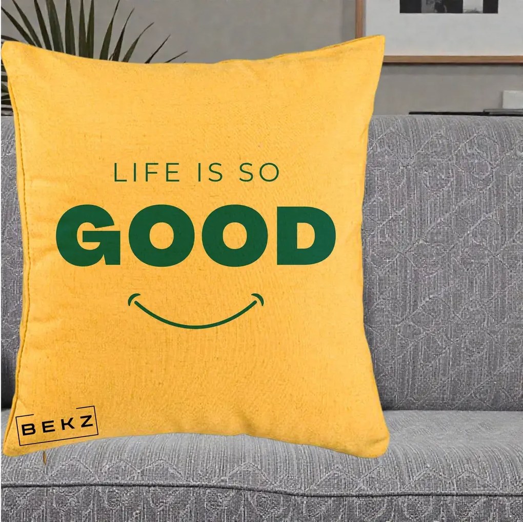 Perna Decorativa Life is So Good Mesaj Pozitiv, 40x40 cm, Galben, Husa Detasabila, Perna Inclusa, BEKZ®