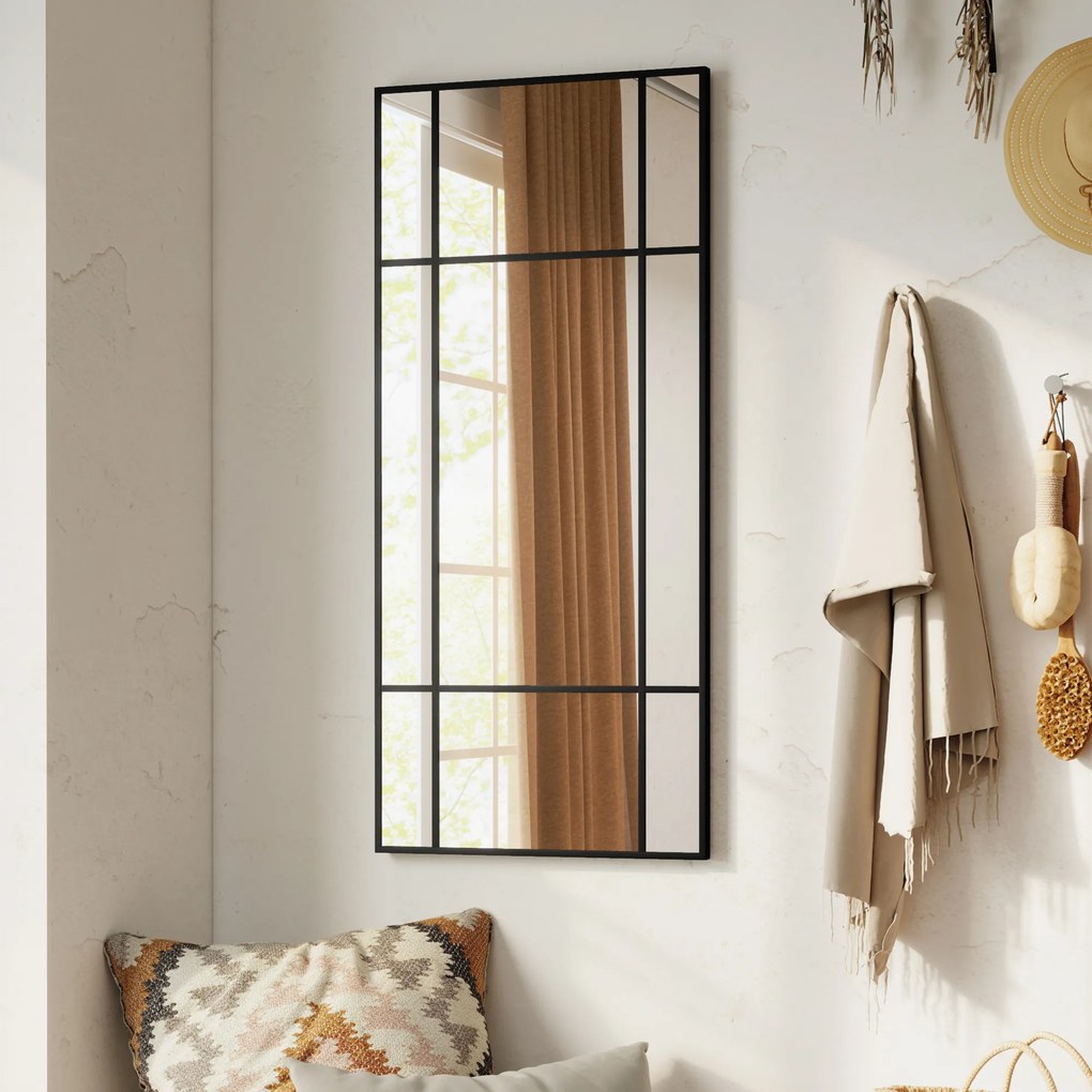 HOMCOM Oglindă de Perete Stil Fereastră Montaj Vertical Orizontal 110x50cm Negru | Aosom Romania