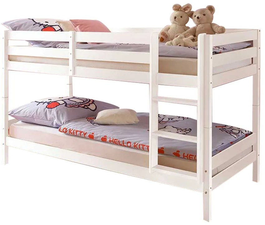 Pat supraetajat cu scara Bambino, somiere incluse, 97x207x140 (2x90x200) cm, culoare alb, lemn masiv