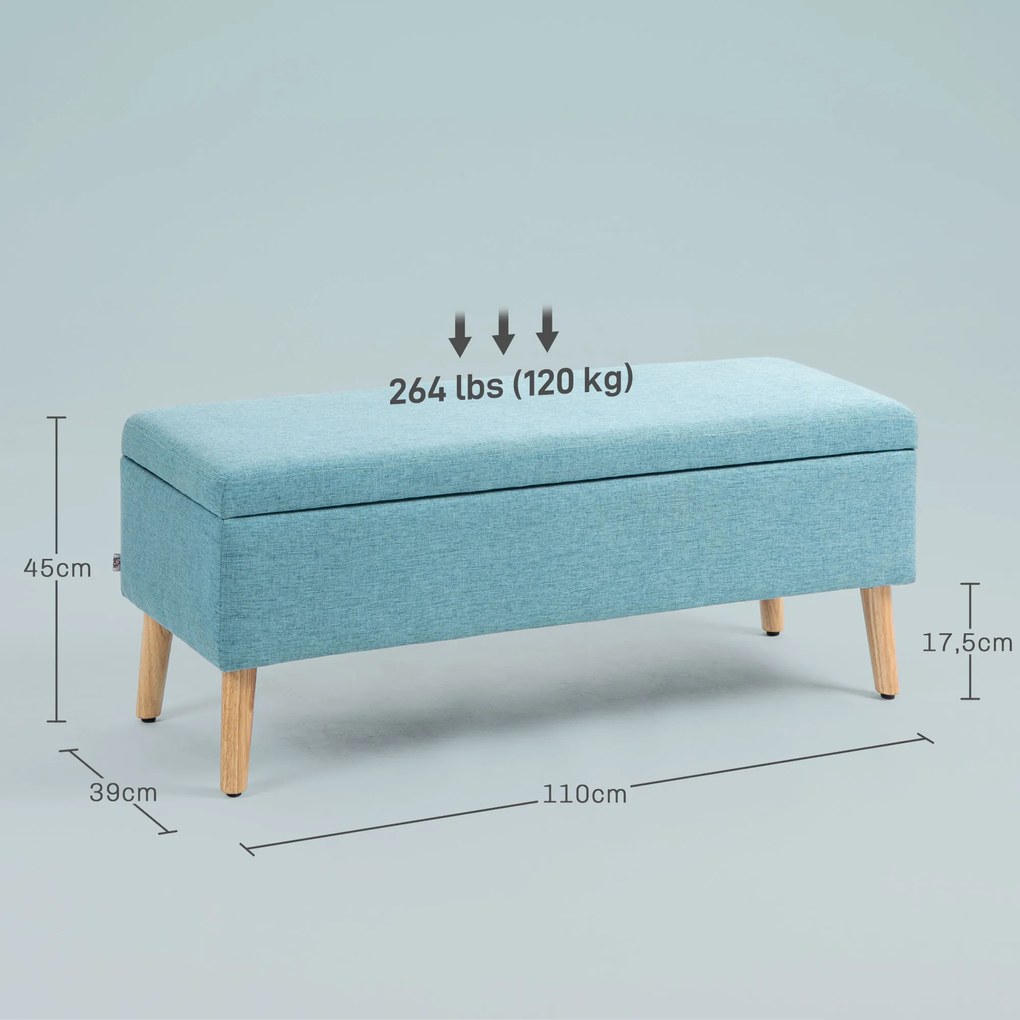 HOMCOM Bancă cu spațiu de depozitare, până la 220 kg, aspect din in, 110x39x45cm, Albastru | Aosom Romania