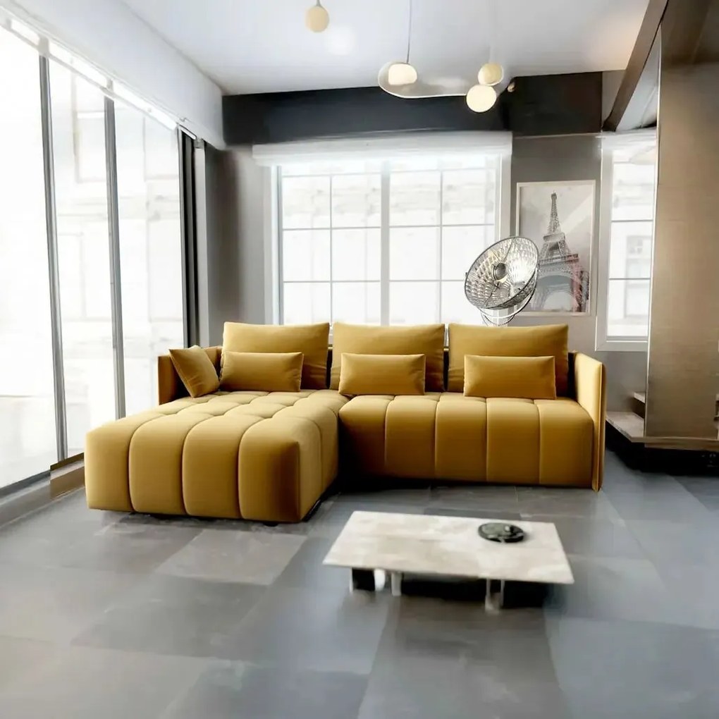 Colțar extensibil dumonde cu ladă de depozitare si sezut confortabil din spuma high-density, Malta Royal Muștar 235x185 cm