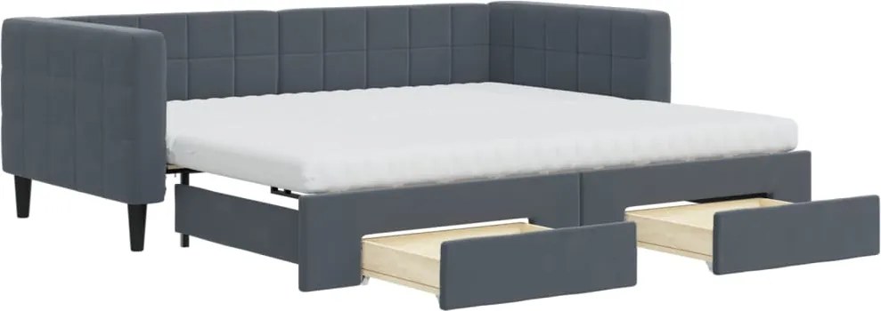 vidaXL Pat de zi cu extensie și sertare, gri închis, 90x190cm catifea