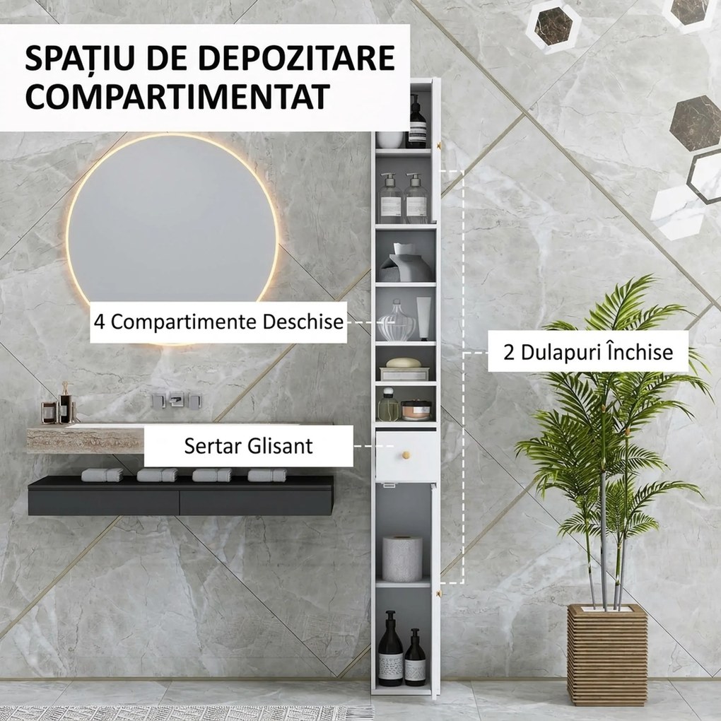HOMCOM Dulap Înalt de Baie cu 2 Compartimente, 3 Rafturi Deschise și Sertar, 20x20x178 cm, Alb | Aosom Romania