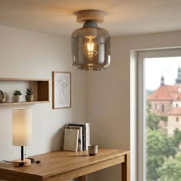 BRILAGI - plafonieră LED R GLASS 1xE27/60W/230V ø 14 cm stejar/gri fumuriu