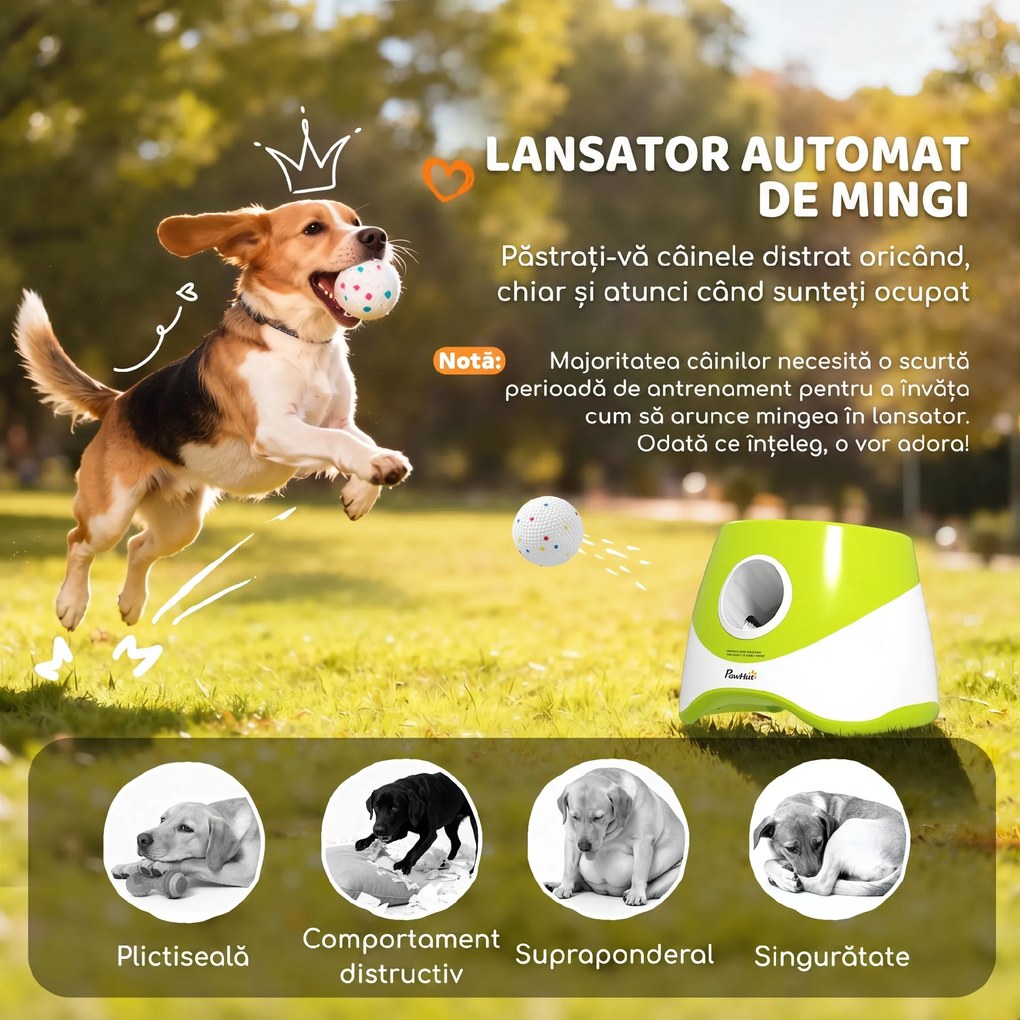 PawHut Lansator Automat de Mingi pentru Câini de Talie Mică și Medie, cu 3 Mingi, 3 Distanțe Reglabile, Verde | Aosom Romania