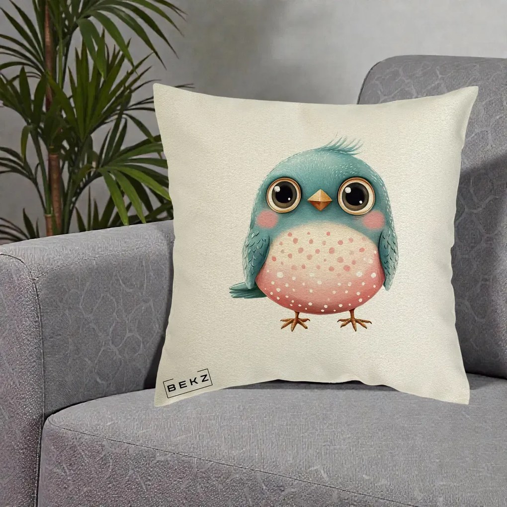 Perna Decorativa Pasare Teal-Roz cu Pete, 40x40 cm, Ecru, Husa Detasabila, Perna Inclusa, BEKZ®