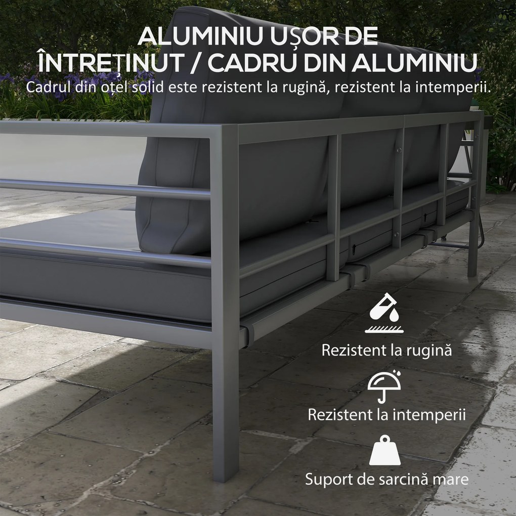 Outsunny Canapea de Grădină cu 3 Locuri cu Perne pentru Scaun și Spate, Canapea Modernă din Aluminiu și Poliester, 185x66x64 cm, Gri | Aosom Romania
