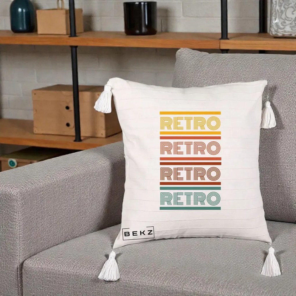 Perna Decorativa RETRO Text Multicolor, 40x40 cm, Bej cu Franjuri, Husa Detasabila, Perna Inclusa, BEKZ®