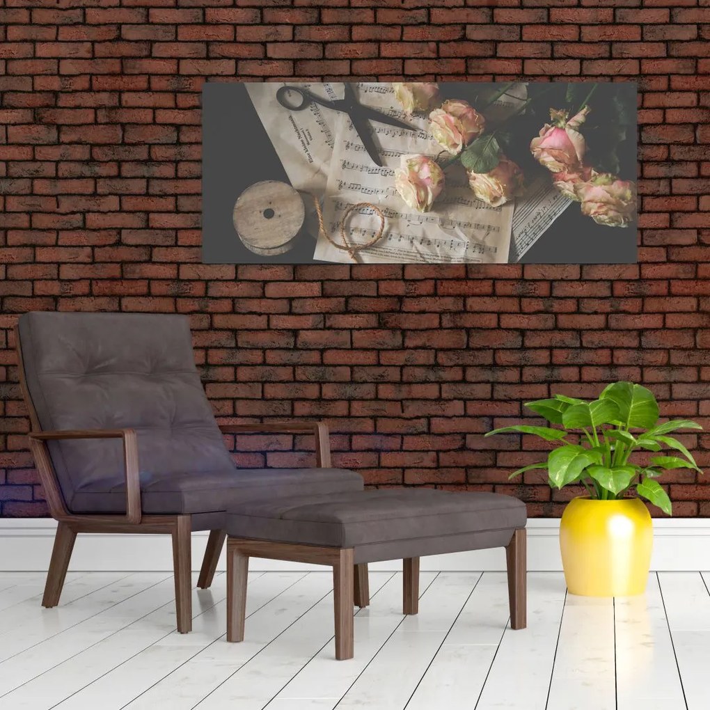 Tablou cu note muzicale și trandafiri (120x50 cm)