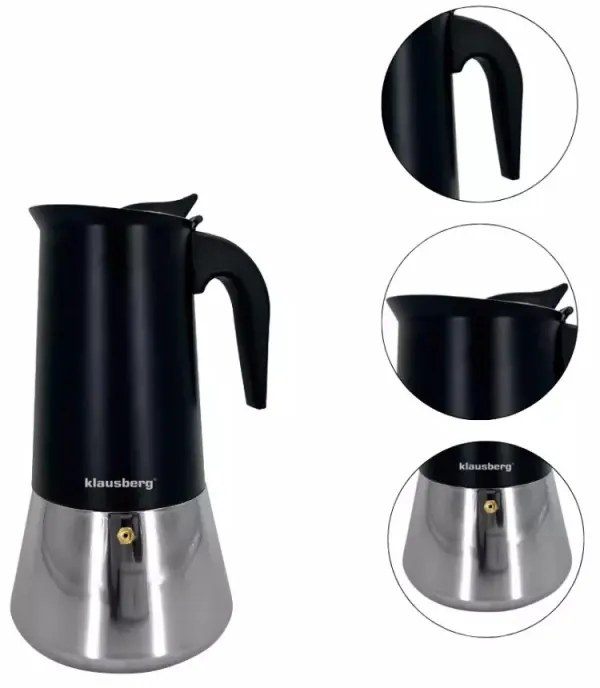 Cafetiera moka Klausberg KB 7847, 12 cesti, 600 ml, Otel inoxidabil, Inductie, Negru/Inox