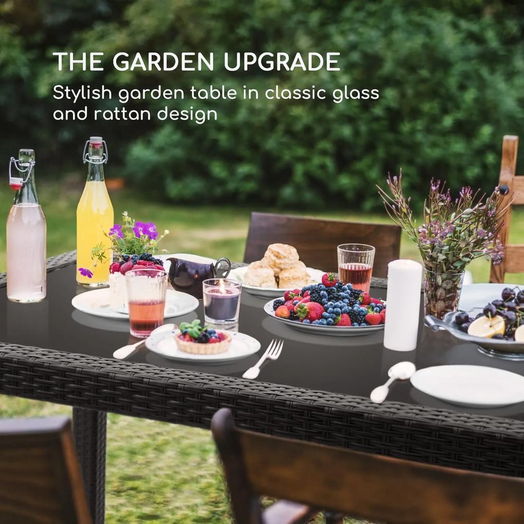 Peniche, masă de grădină, 150 x 90 cm, poli ratan, aluminiu, sticlă, neagră