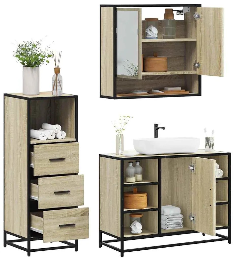 vidaXL Set mobilier de baie, 3 piese, stejar sonoma, lemn prelucrat