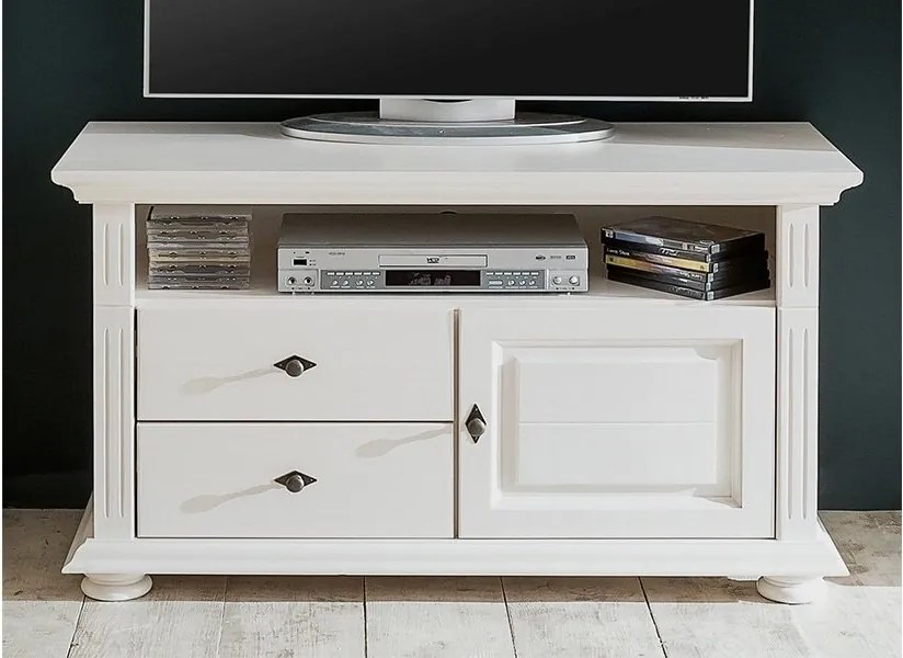 Comodă TV lemn masiv alb Ariana, 110 × 45 × 65 cm