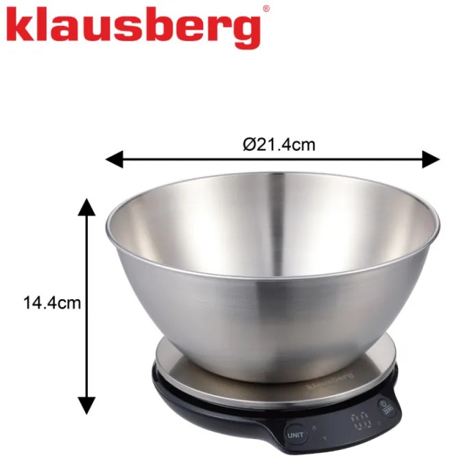 Cantar de bucatarie cu bol Klausberg KB 7939, 5 Kg, Bluetooth, Aplicatie mobila, LED, Tare, Lichide, 4 valori nutritive, Inox