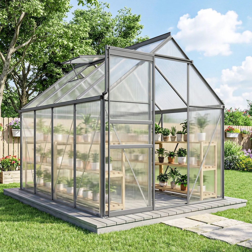 Outsunny Sera Walk-In Aluminiu &amp; Policarbonat – Ventilatie si Jgheab | Aosom Romania