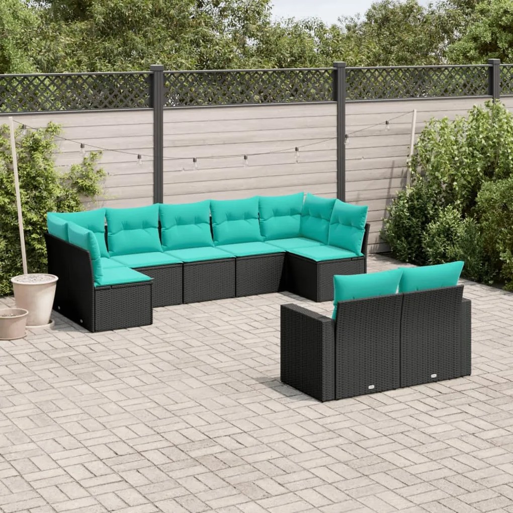 vidaXL Set mobilier de grădină cu perne, 9 piese, negru, poliratan