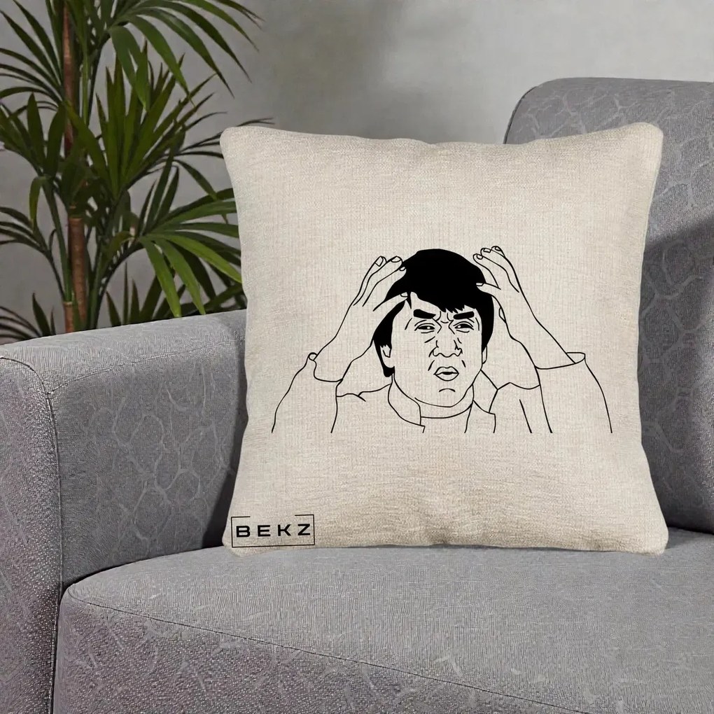 Perna Decorativa Jackie Chan WTF, 40x40 cm, Bej Canapea, Husa Detasabila, Perna Inclusa, BEKZ®