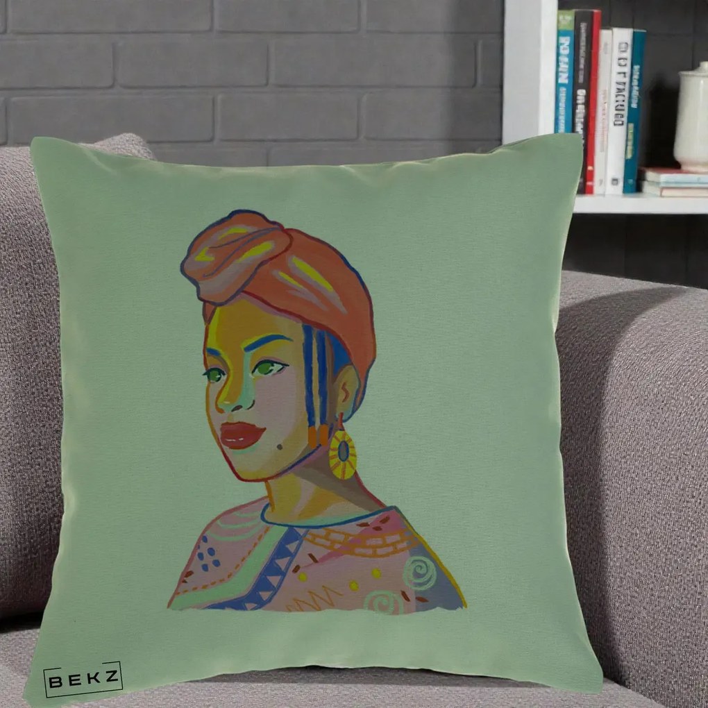 Perna Decorativa Portret Femeie Africana, 40x40 cm, Verde, Husa Detasabila, Perna Inclusa, BEKZ®