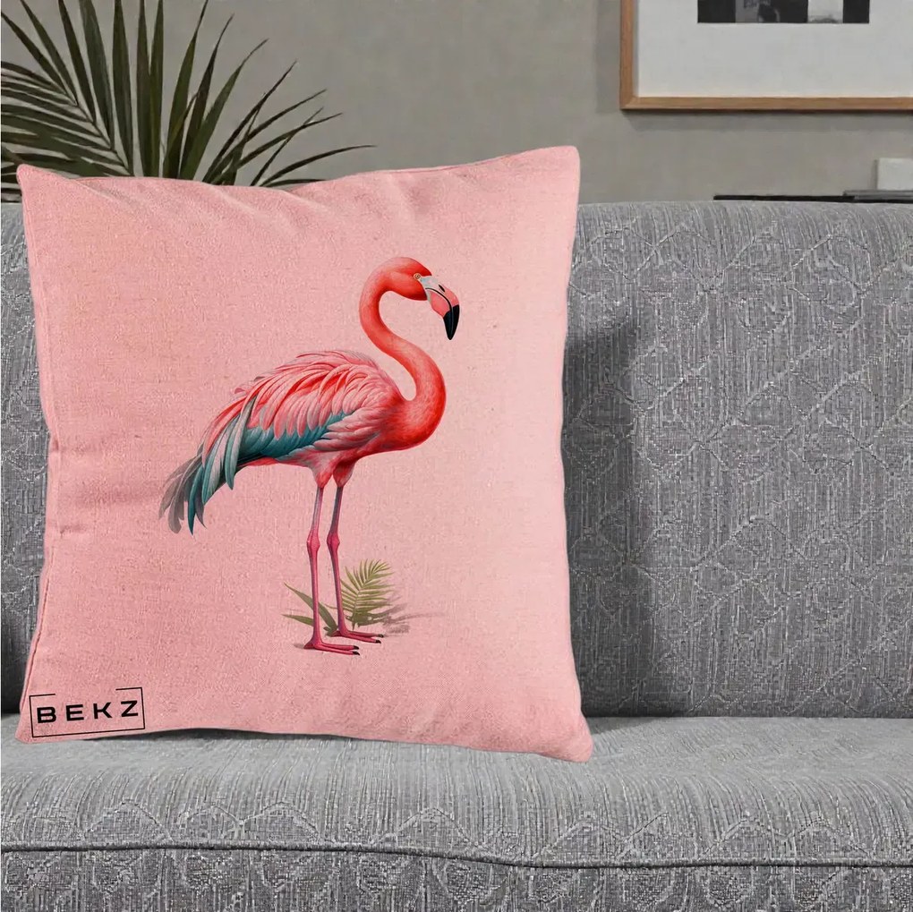 Perna Decorativa Flamingo Roz cu Pene Teal, 40x40 cm, Roz, Husa Detasabila, Perna Inclusa, BEKZ®