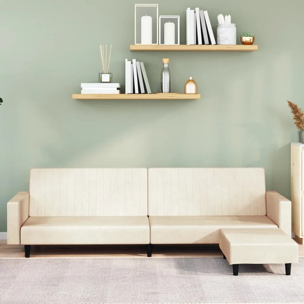3081874 vidaXL Canapea extensibilă cu taburet, 2 locuri, crem, catifea