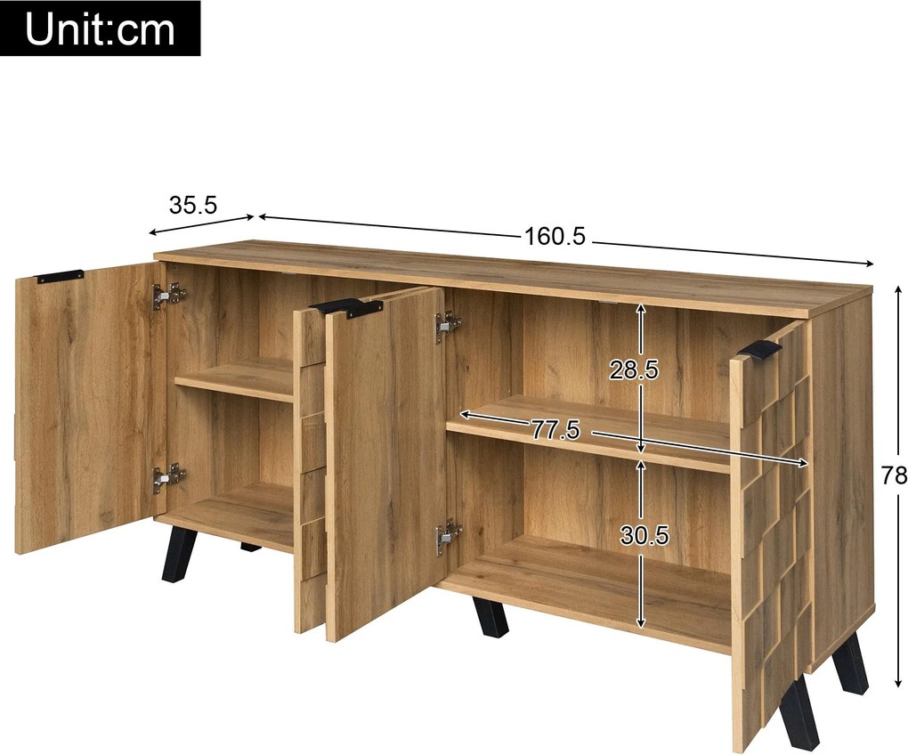 Bufet modern cu 4 uși, model geometric al texturii lemnului, spațiu generos de depozitare, 160,5x35,5x78 cm, Culoare naturală