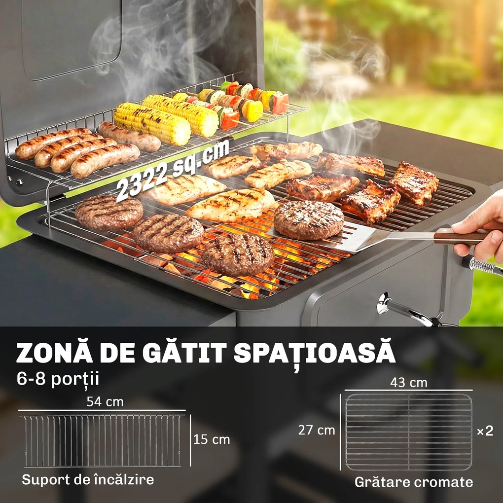 Outsunny Grătar pe Cărbune, Grătar Afumătoare cu Roți pentru Exterior, Negru | Aosom Romania