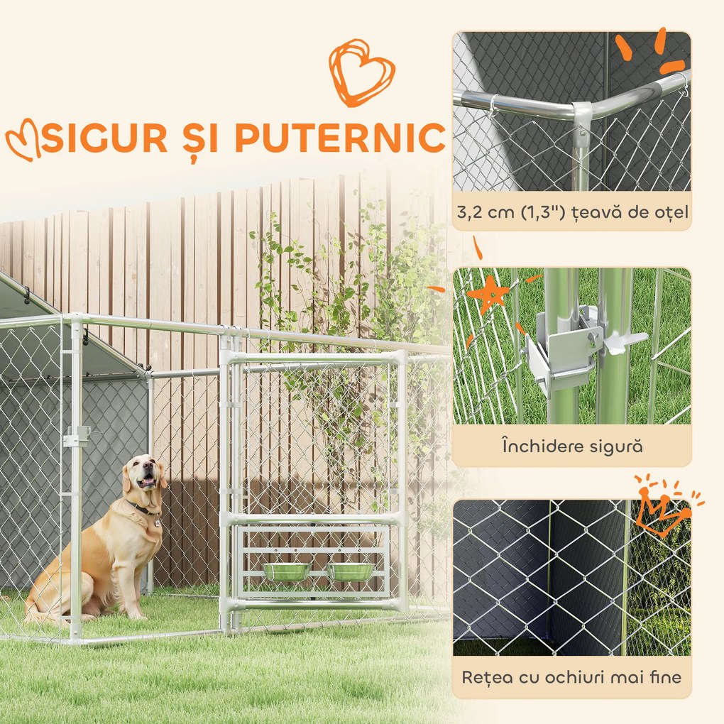 PawHut Țarc pentru Câini de Exterior cu Acoperiș Anti-UV Impermeabil și Boluri Rotative, 400x230x150 cm, Argintiu | Aosom Romania