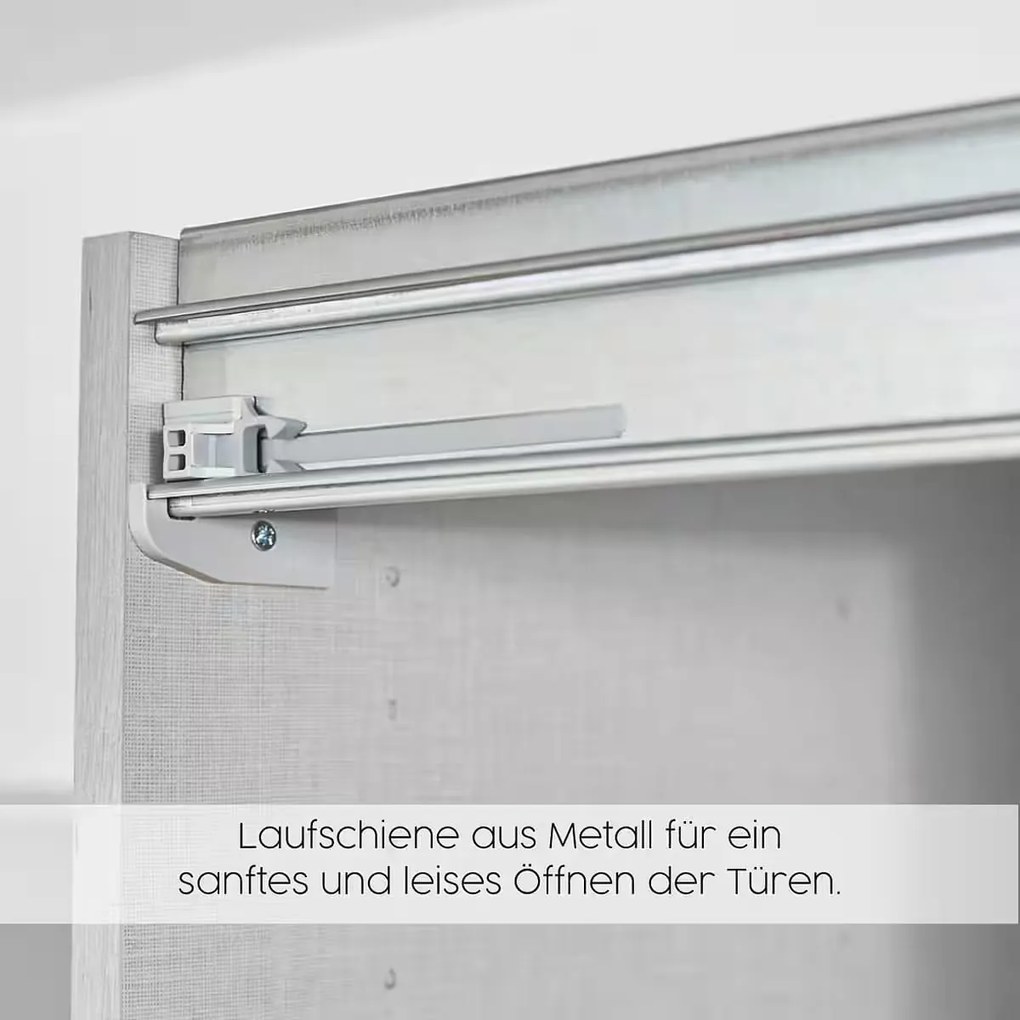 Dressing 360 cm lățime, 3 uși glisante, oglindă pe mijloc, culoare albă, material PAL, compartimentare premium, înălțime 229 cm