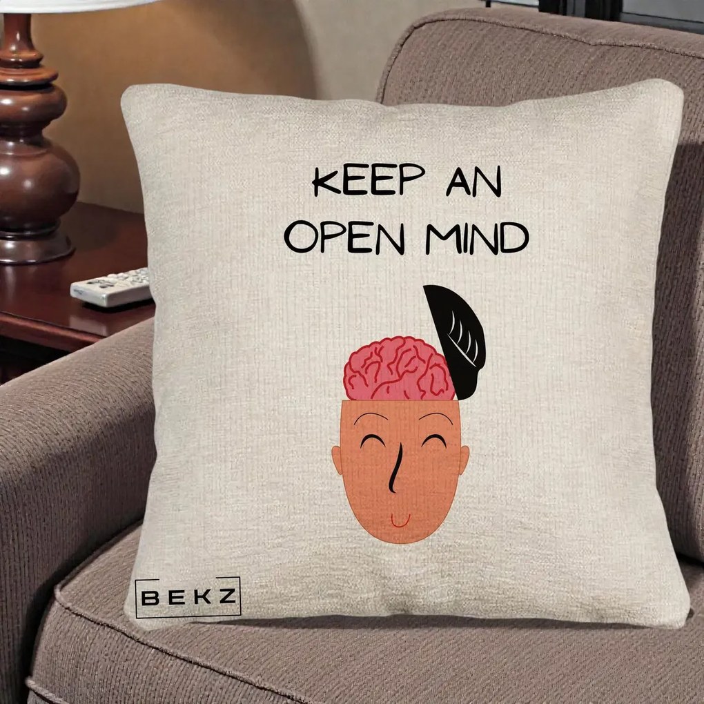 Perna Decorativa Keep An Open Mind, 40x40 cm, Bej Canapea, Husa Detasabila, Perna Inclusa, BEKZ®