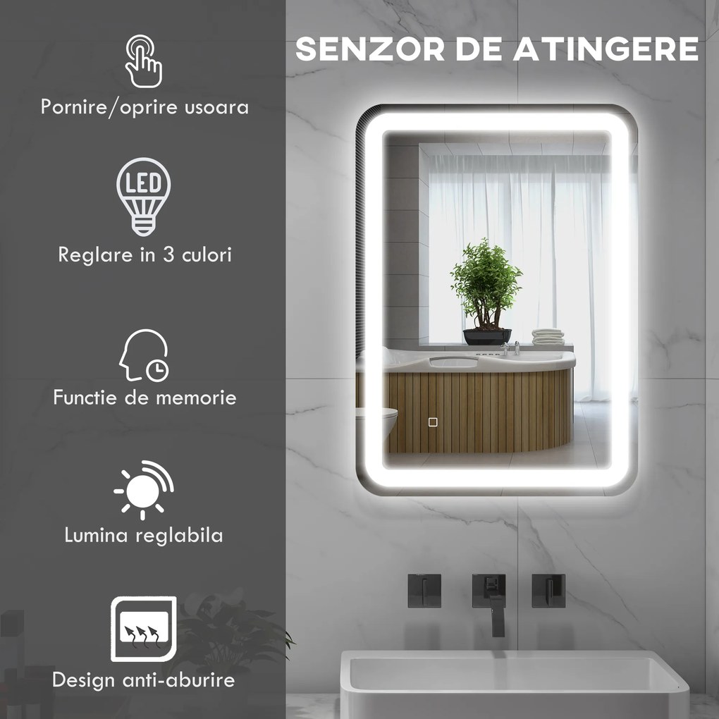 kleankin Oglindă LED, pentru Baie și Machiaj,lumina Reglabilă cu 3 Temperaturi de Culoare, Design anti-aburire, 70x50 cm, Argintiu | Aosom Romania