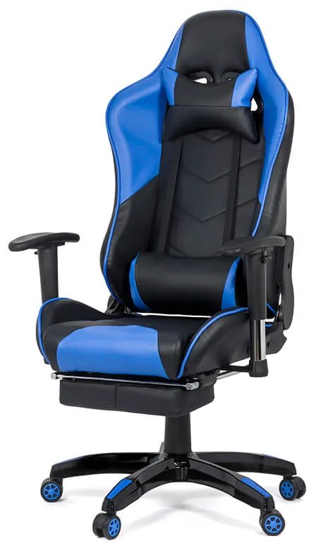 Scaun gaming albastru din piele sintetică cu suport picioare si spatar rabatabil OFF 306