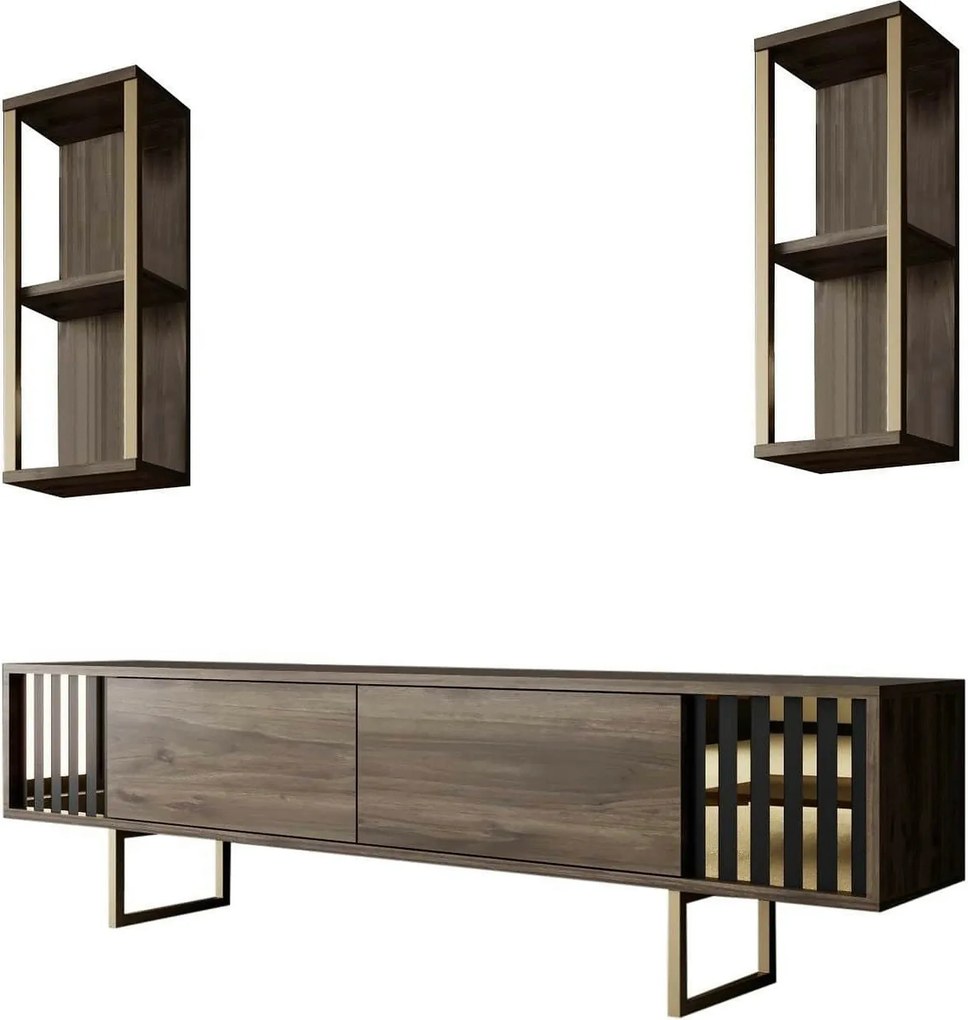 Mobilier living GOLD LINE, nuc/auriu, PAL melaminat/metal, 3 piese