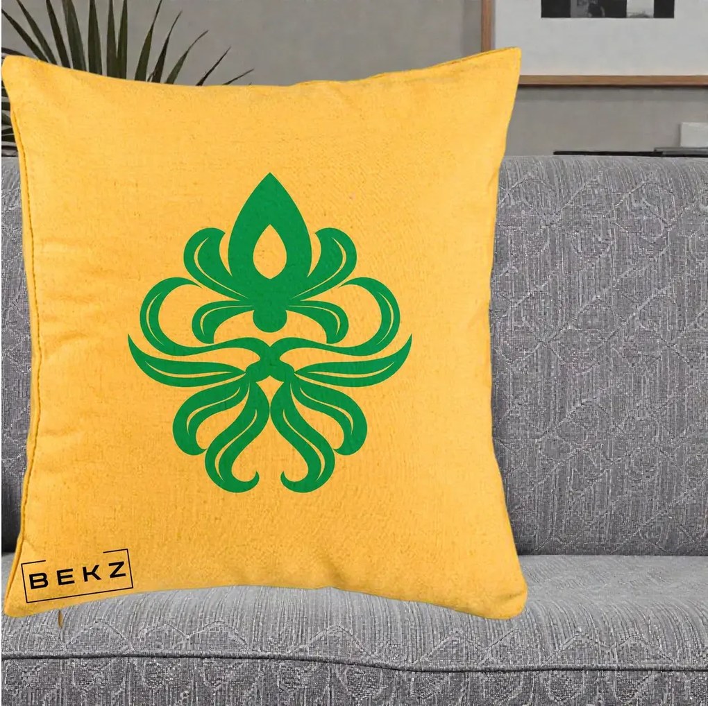 Perna Decorativa Ornament Turcoaz Fleur de Lis, 40x40 cm, Galben, Husa Detasabila, Perna Inclusa, BEKZ®