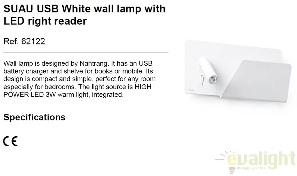 Aplica de perete / Lampa cu reader LED SUAU USB alb dormitor dreapta 62122
