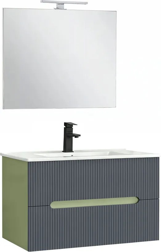 Trent Mobilier de baie 80 cm lavoar ceramic (2 sertare) cu oglindă 60x80 cm verde fistic-gri antracit