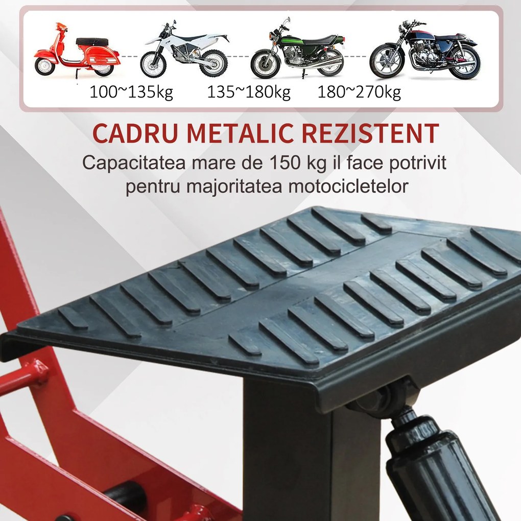 HOMCOM Cric de Ridicare pentru Motociclete, Capacitate 150kg, Înălțime Reglabilă, din Oțel Zincat și Cauciuc, cu Manivelă | Aosom Romania