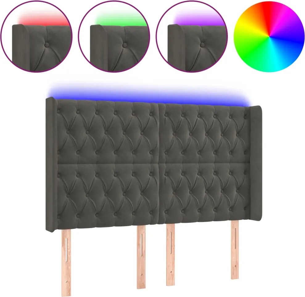 vidaXL Tăblie de pat cu LED, gri închis, 147x16x118/128 cm, catifea