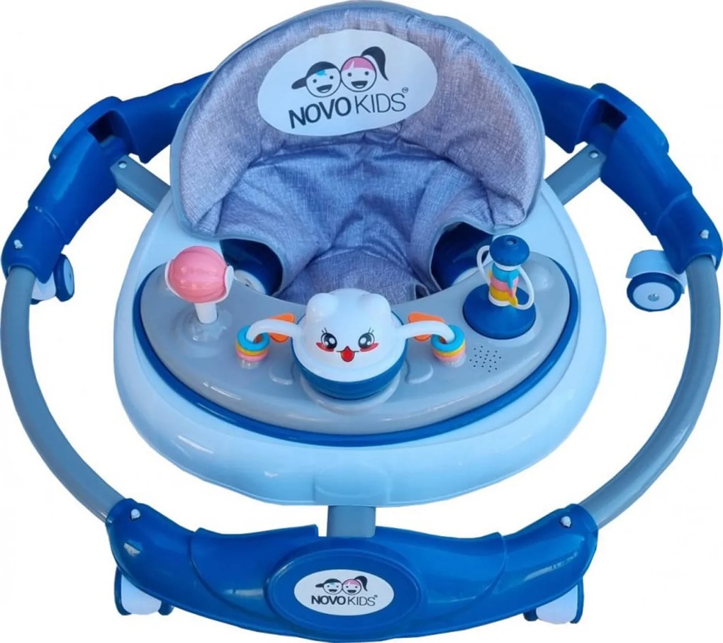 Premergator reglabil in 6 trepte de inaltime NOVOKIDS™ Little Kitty, Cu melodii, Pliabil, Max 20 kg, Roti silentioase, Model Pisicuta, Albastru
