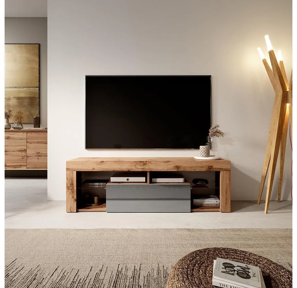 Dulap TV Bionca (cu iluminat) (stejar lancelot + gri). 1098607