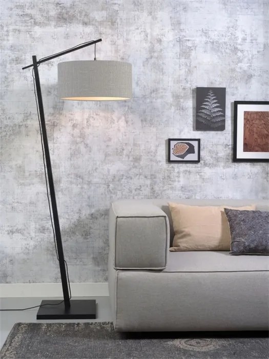 Lampadar din bambus si abajur din tesatura in, Andes negru/ gri deschis