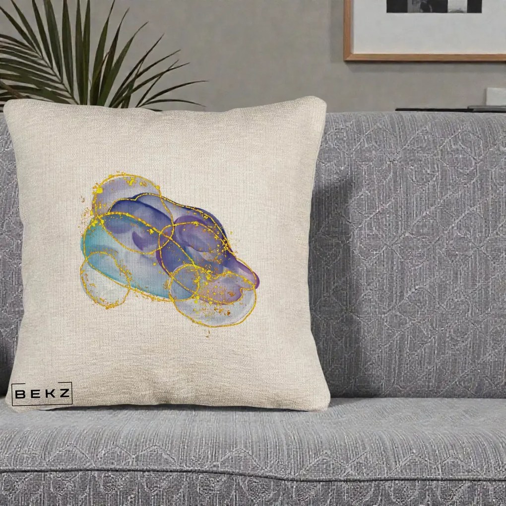 Perna Decorativa Abstract Acuarela Albastru-Mov cu Cercuri Aurii, 40x40 cm, Bej Canapea, Husa Detasabila, Perna Inclusa, BEKZ®