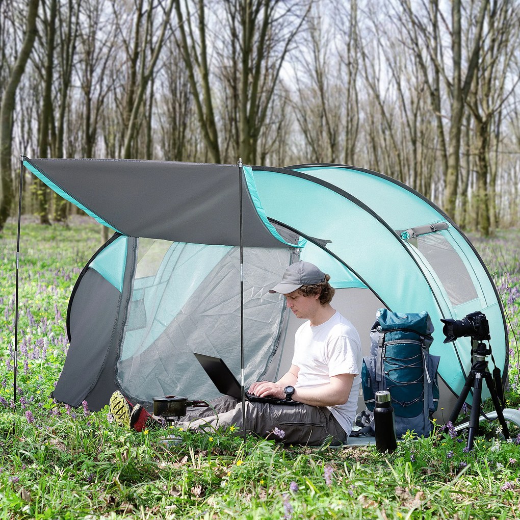 Outsunny Cort Camping 4 Persoane, Cort Automat Pop-up Iglu, 286x209x122 cm, Albastru deschis | Aosom Romania