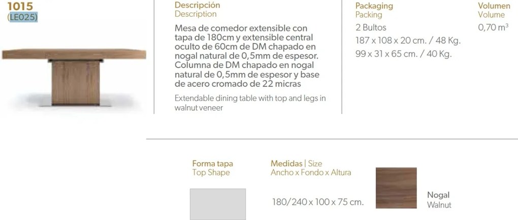 Masa extensibila Walnut, 180-240x100cm AC-LE025