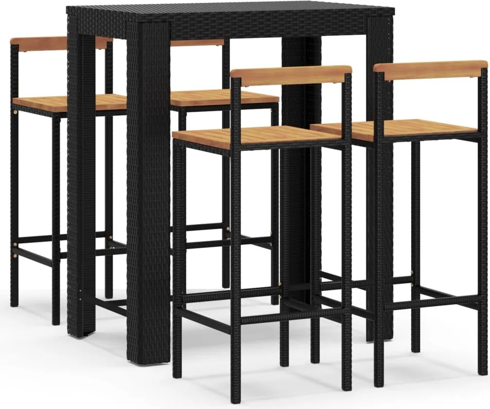 vidaXL Set bar pentru grădină, 5 piese, negru, poliratan/lemn acacia
