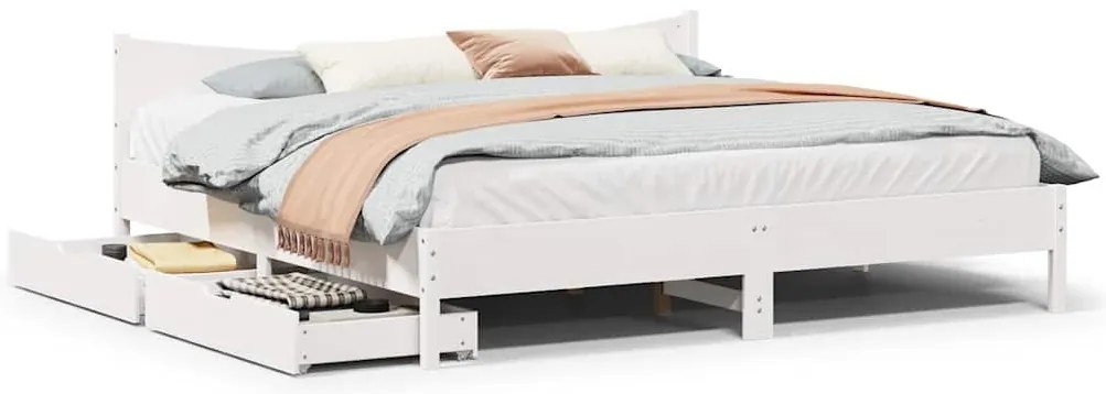 vidaXL Cadru de pat cu sertare, alb, 200x200 cm, lemn masiv de pin